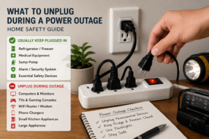Power outage safety checklist showing a hand unplugging a device from a power strip with emergency items nearby