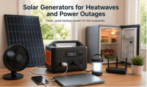 Solar generator powering essential devices during heatwave and power outage, including a fan, laptop, phone, router, LED light, and mini fridge.